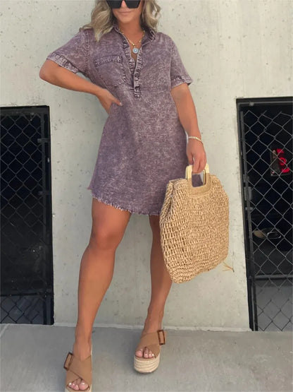Abito a Camicia | Maniche Corte | Vestibilità Ampia | Mini Abito | Abito Estivo-Viola-S-Modasso