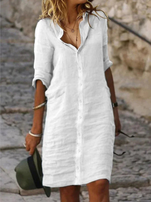Abito a Camicia - Maniche Lunghe - Collo - Abito Abbottonato - Abito di Lino-Bianco-S-Modasso
