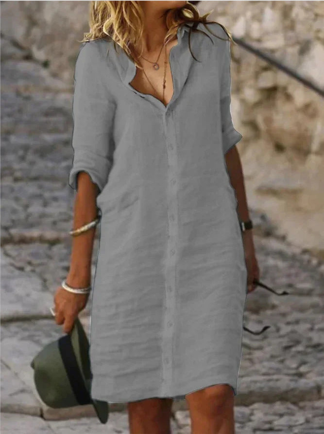 Abito a Camicia - Maniche Lunghe - Collo - Abito Abbottonato - Abito di Lino-Grigio-S-Modasso