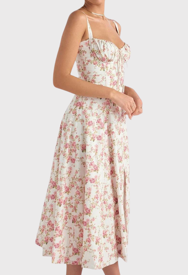 Abito a bustino - Senza maniche - Spacco - Abito midi - Abito estivo-Fiori di Rosa-S-Modasso