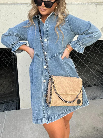 Abito a camicia | Abito con bottoni | Maniche lunghe | Abito in denim | Mini abito-Blu-S-Modasso