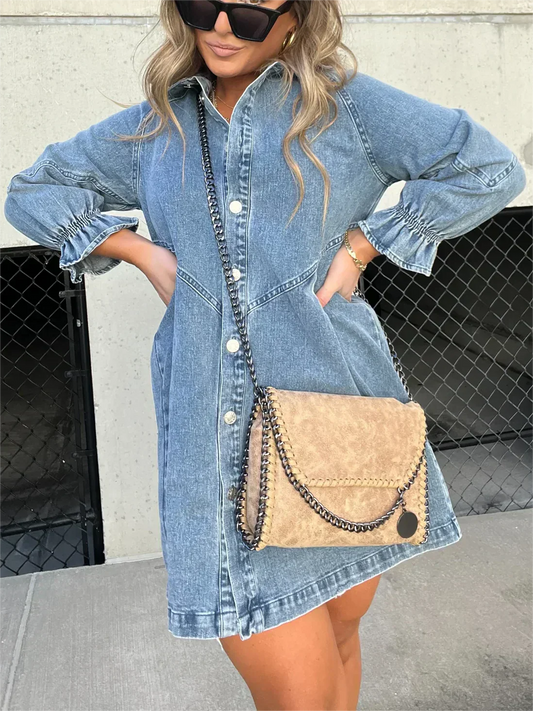 Abito a camicia | Abito con bottoni | Maniche lunghe | Abito in denim | Mini abito-Blu-S-Modasso