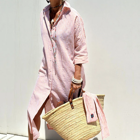 Abito a camicia - Abito lungo da donna a righe con bottoni-Rosa-S-Modasso