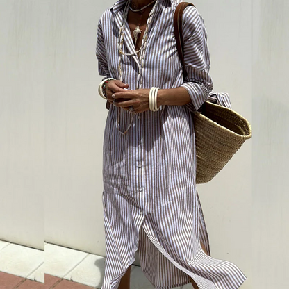 Abito a camicia - Abito lungo da donna a righe con bottoni-Viola-S-Modasso