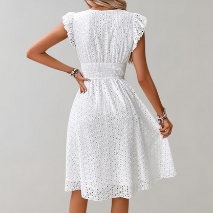 Abito bianco - Abito estivo da donna con scollo a V, maniche a farfalla e lunghezza al ginocchio-Modasso