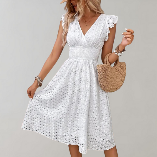 Abito bianco - Abito estivo da donna con scollo a V, maniche a farfalla e lunghezza al ginocchio-S-Modasso