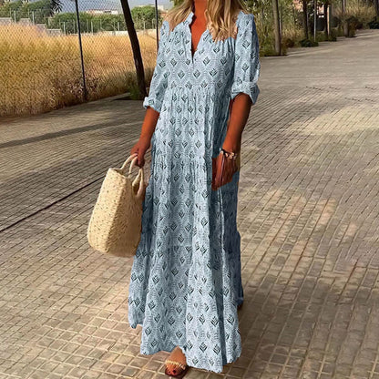 Abito boho - Maniche lunghe - Vestibilità ampia - Abito lungo - Maxi prendisole-Blu-S (8-10)-Modasso
