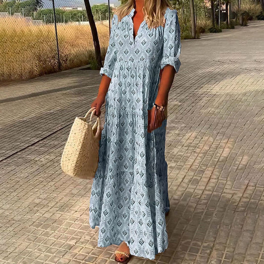 Abito boho - Maniche lunghe - Vestibilità ampia - Abito lungo - Maxi prendisole-Blu-S (8-10)-Modasso