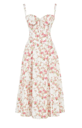 Abito bustier - Senza maniche - Spacco - Abito midi - Abito estivo-Stampa Rosa-S-Modasso