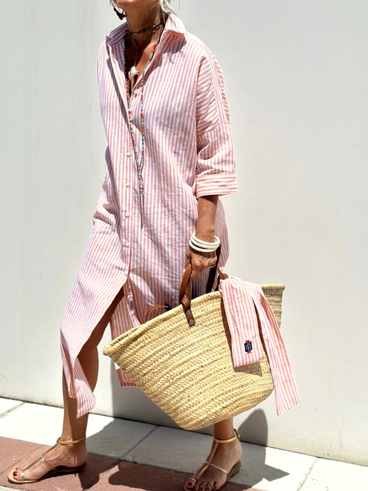 Abito chemisier | Abbottonato | Maniche lunghe | Abito midi | Abito a righe-Arancione Rosa-S-Modasso