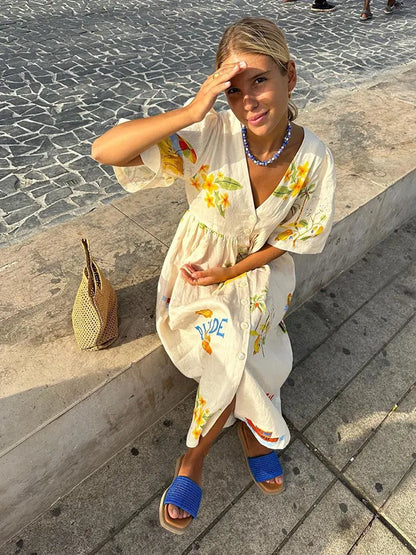 Abito di Lino - Abito estivo midi da donna con bottoni e vestibilità ampia-Modasso