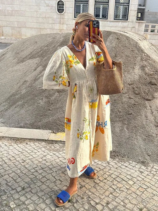 Abito di Lino - Abito estivo midi da donna con bottoni e vestibilità ampia-Modasso