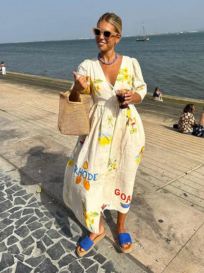Abito di Lino - Abito estivo midi da donna con bottoni e vestibilità ampia-S-Modasso