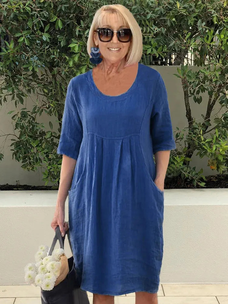Abito di lino | Vestibilità ampia | Mezza manica | Abito casual | Abito estivo-Blu-S-Modasso