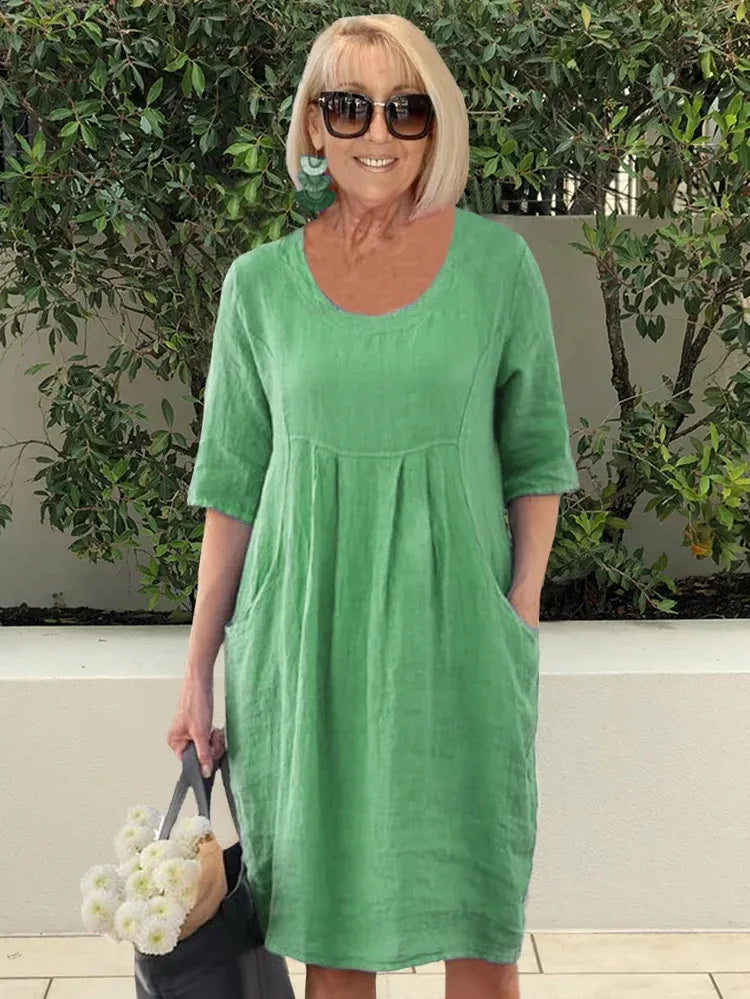 Abito di lino | Vestibilità ampia | Mezza manica | Abito casual | Abito estivo-Verde-S-Modasso