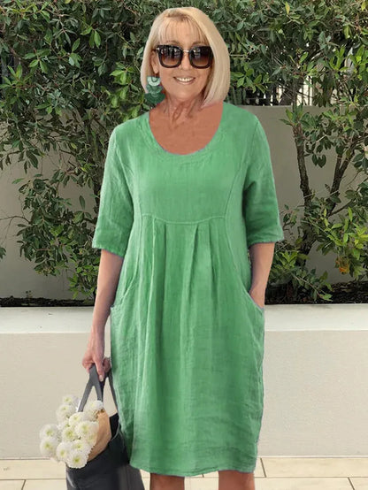 Abito di lino | Vestibilità ampia | Mezza manica | Abito casual | Abito estivo-Verde-S-Modasso