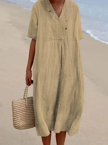 Abito estivo - Abito midi da donna in lino, maniche corte, vestibilità ampia-Beige-S-Modasso