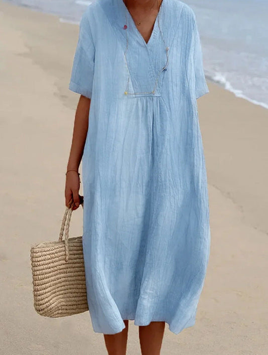 Abito estivo - Abito midi da donna in lino, maniche corte, vestibilità ampia-Blu-S-Modasso