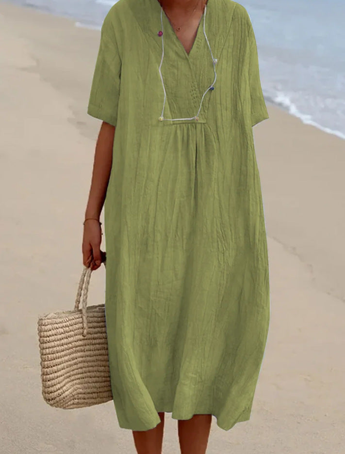 Abito estivo - Abito midi da donna in lino, maniche corte, vestibilità ampia-Giallo/Verde-S-Modasso