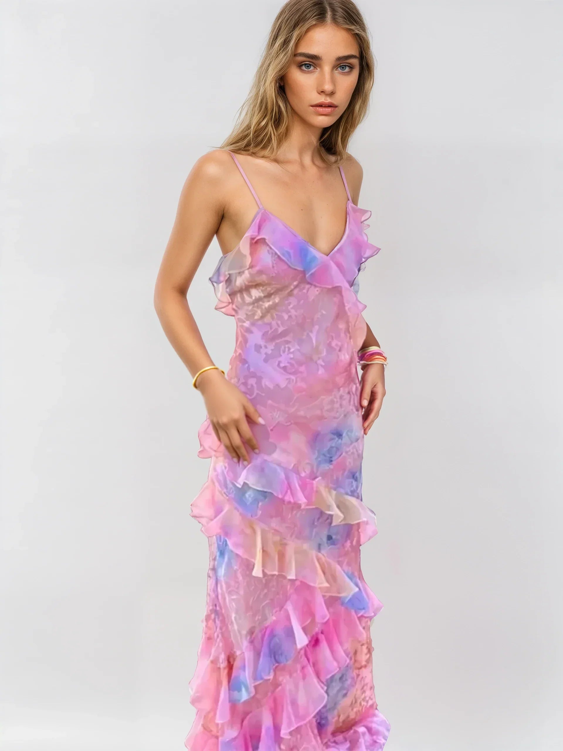 Abito estivo | Senza maniche | Scollatura sulla schiena | Abito con volant | Abito lungo-Rosa-S-Modasso