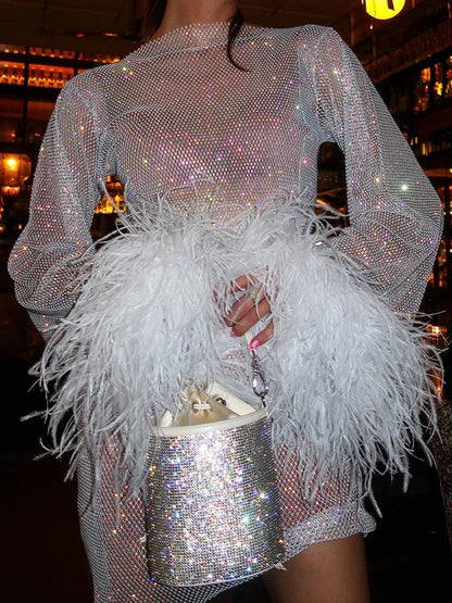 Abito in Tulle con Piume, Glitterato, Manica Lunga, Trasparente, da Festa-Modaso