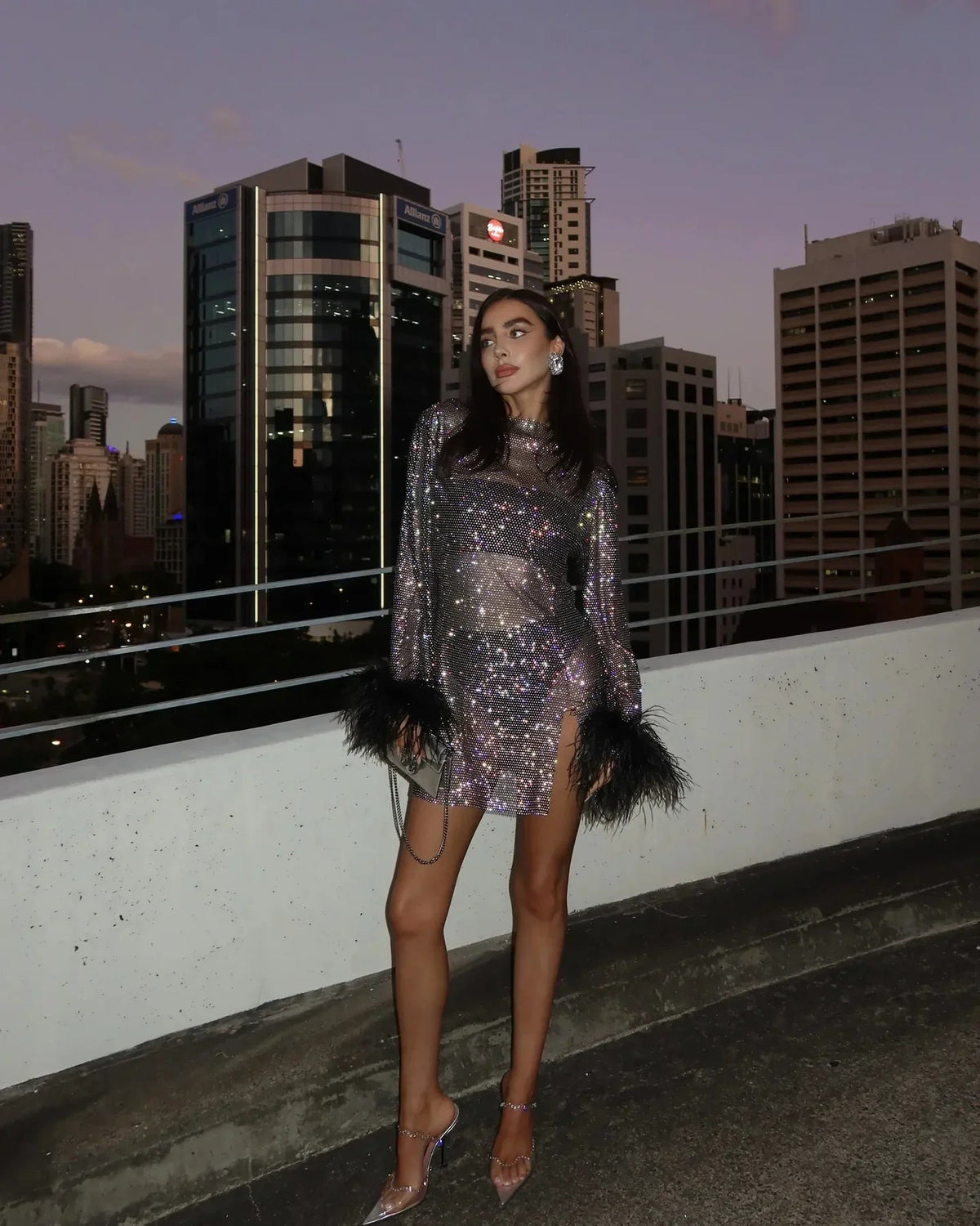 Abito in Tulle con Piume, Glitterato, Manica Lunga, Trasparente, da Festa-Modaso
