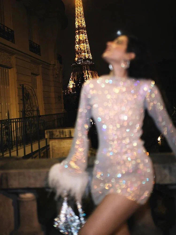 Abito in Tulle con Piume, Glitterato, Manica Lunga, Trasparente, da Festa-Modaso