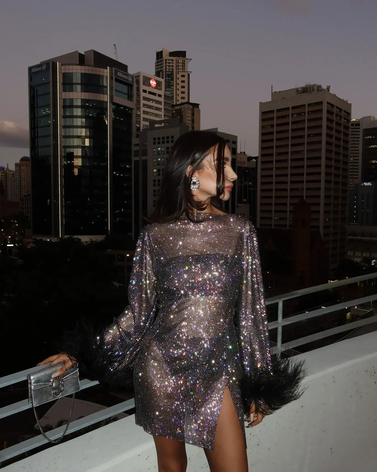 Abito in Tulle con Piume, Glitterato, Manica Lunga, Trasparente, da Festa-Modaso
