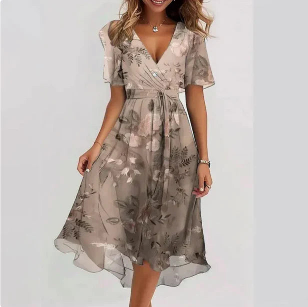 Abito in chiffon | Scollo a V | Maniche a farfalla | Abito midi | Abito elegante-Beige-S-Modasso