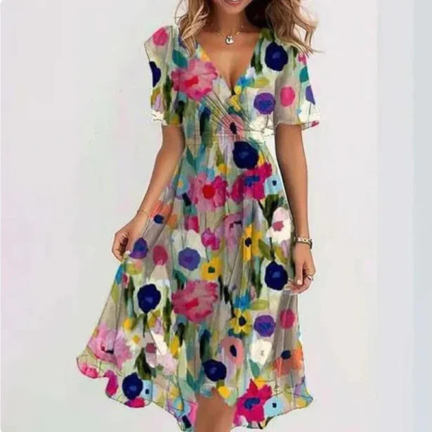 Abito in chiffon | Scollo a V | Maniche a farfalla | Abito midi | Abito elegante-Multicolore-S-Modasso