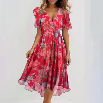 Abito in chiffon | Scollo a V | Maniche a farfalla | Abito midi | Abito elegante-Rosa-S-Modasso