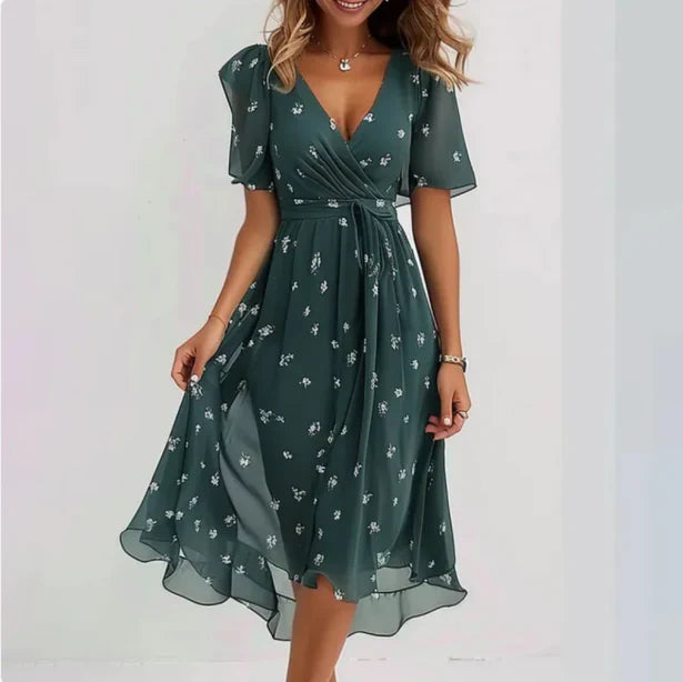 Abito in chiffon | Scollo a V | Maniche a farfalla | Abito midi | Abito elegante-Verde-S-Modasso