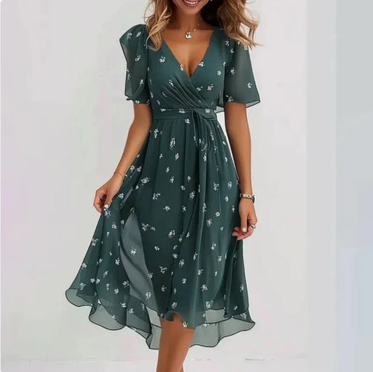 Abito in chiffon | Scollo a V | Maniche a farfalla | Abito midi | Abito elegante-Verde-S-Modasso