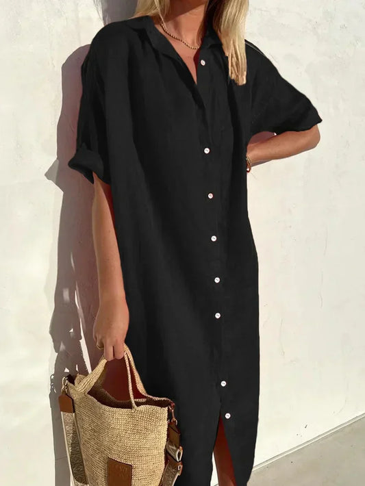 Abito in lino - Abito chemisier da donna con colletto, maniche corte e bottoni-Nero-XS-Modasso