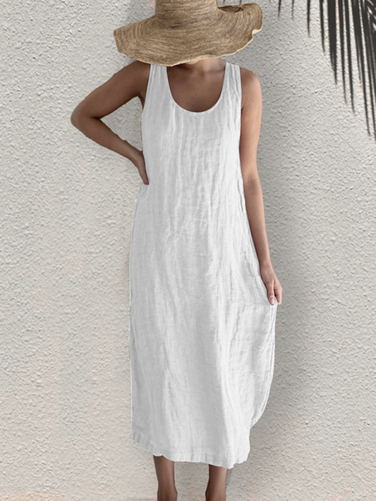 Abito in lino - Senza maniche - Vestito ampio - Abito lungo - Abito estivo-Bianco-S-Modasso