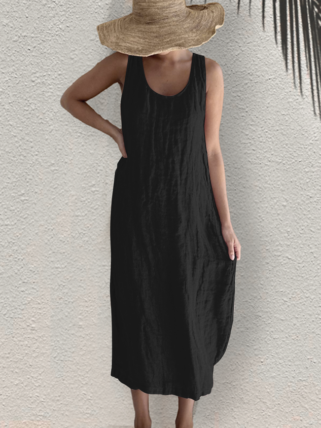 Abito in lino - Senza maniche - Vestito ampio - Abito lungo - Abito estivo-Nero-S-Modasso