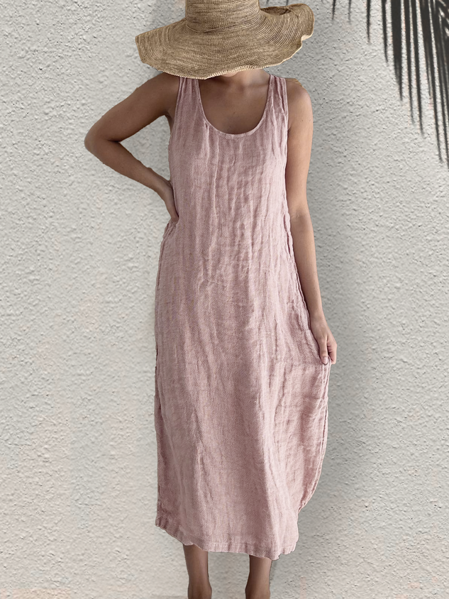 Abito in lino - Senza maniche - Vestito ampio - Abito lungo - Abito estivo-Rosa nude-S-Modasso