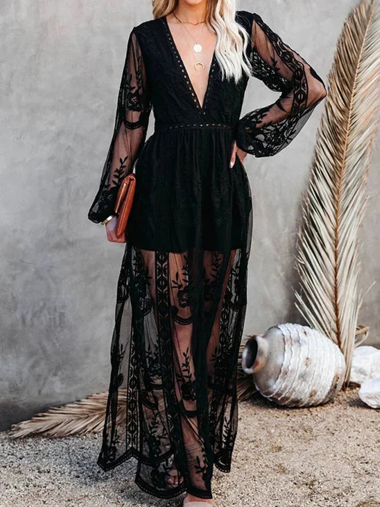Abito in pizzo, Scollo a V, Maniche lunghe, Abito maxi, Abito estivo-Modaso