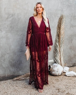 Abito in pizzo, Scollo a V, Maniche lunghe, Abito maxi, Abito estivo-Modaso