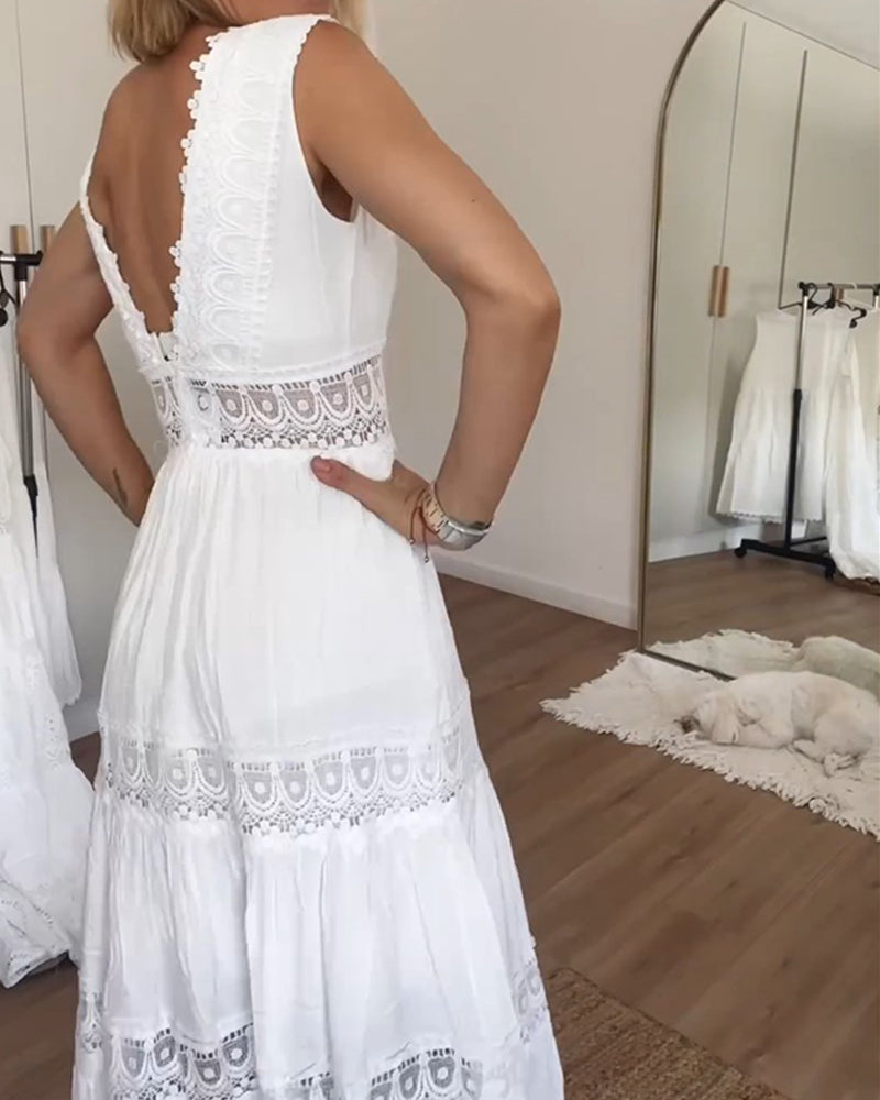 Abito in pizzo bianco | Scollo a V | Fluido | Abito lungo | Abito estivo-Modasso