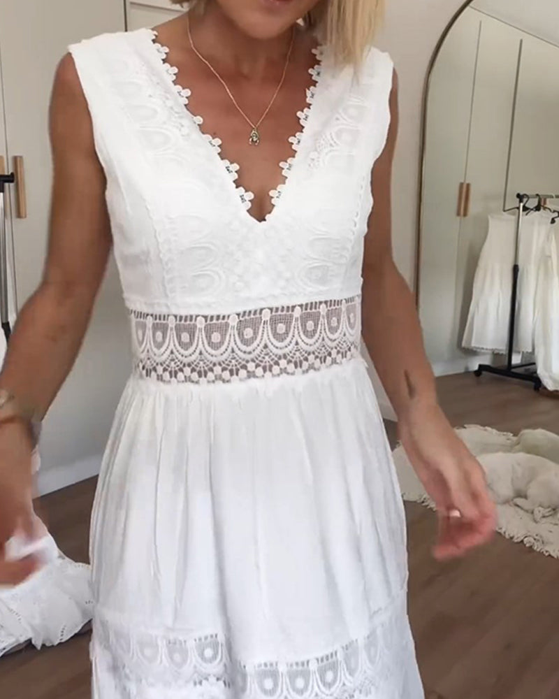 Abito in pizzo bianco | Scollo a V | Fluido | Abito lungo | Abito estivo-Modasso
