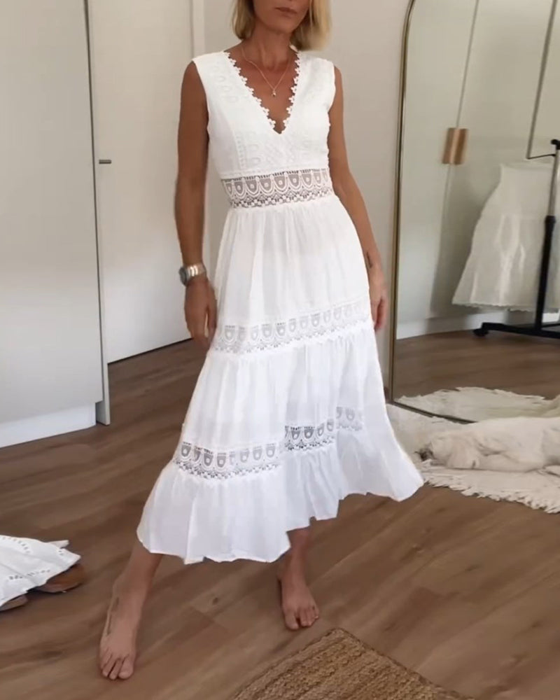 Abito in pizzo bianco | Scollo a V | Fluido | Abito lungo | Abito estivo-Modasso