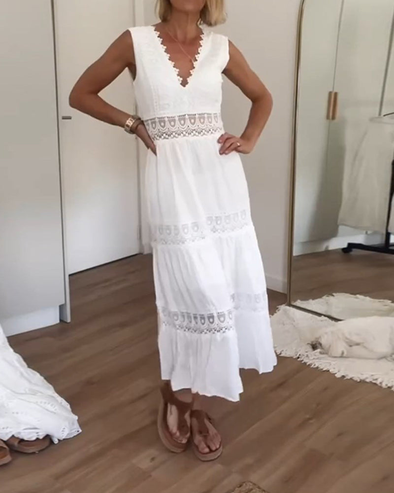 Abito in pizzo bianco | Scollo a V | Fluido | Abito lungo | Abito estivo-S-Modasso