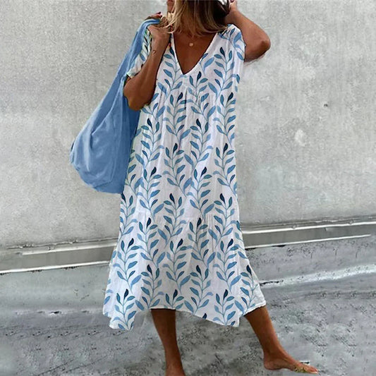 Abito midi - Abito estivo da donna con scollo a V, linea ad A e vestibilità ampia-Bianco-Blu-S-Modasso