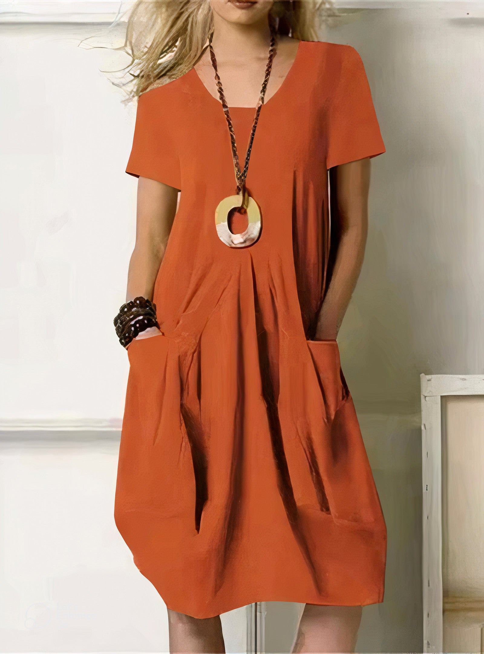 Abito midi | Maniche corte | Vestibilità ampia | Abito estivo | Abito casual-Arancione-S-Modasso