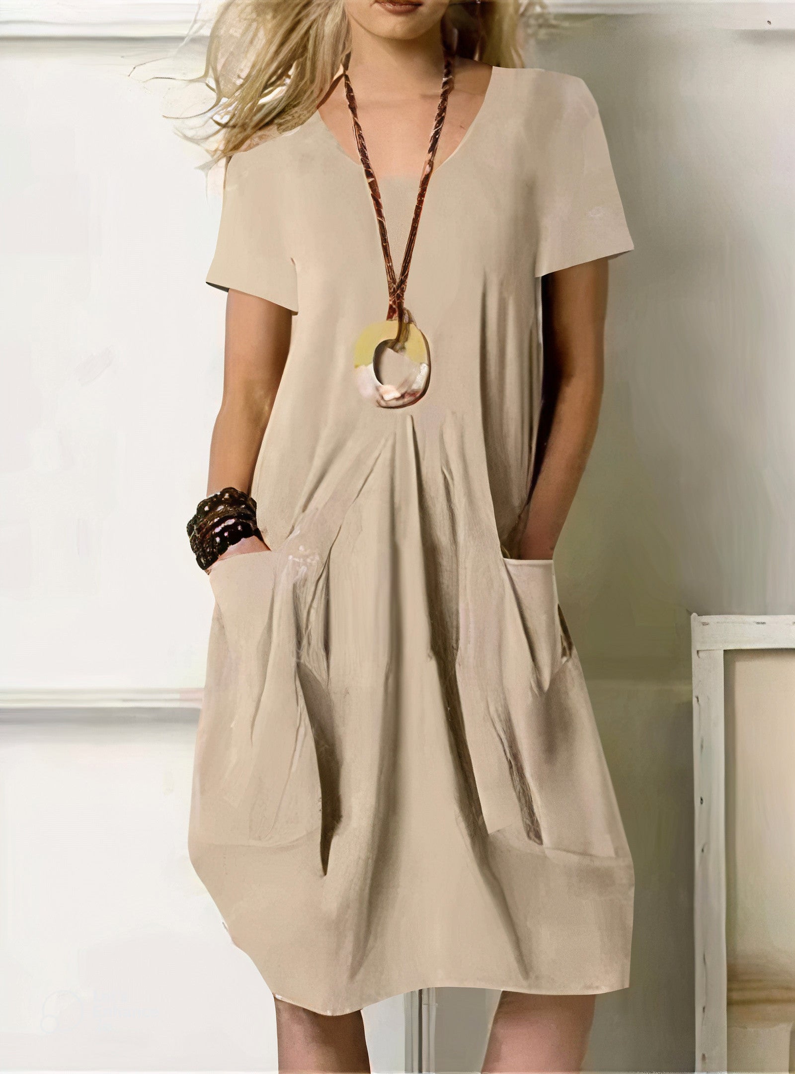 Abito midi | Maniche corte | Vestibilità ampia | Abito estivo | Abito casual-Beige-S-Modasso