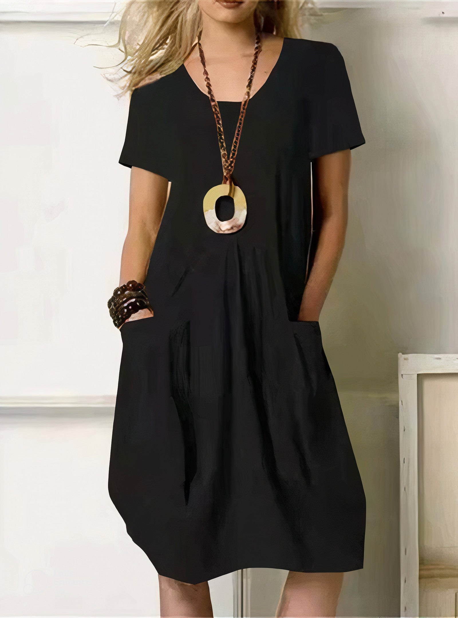 Abito midi | Maniche corte | Vestibilità ampia | Abito estivo | Abito casual-Nero-S-Modasso
