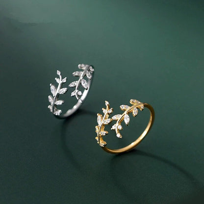 Anello a Foglia, Anello Ramo Regolabile con Zirconi-Modaso