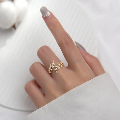 Anello a Foglia, Anello Ramo Regolabile con Zirconi-Oro-Modaso