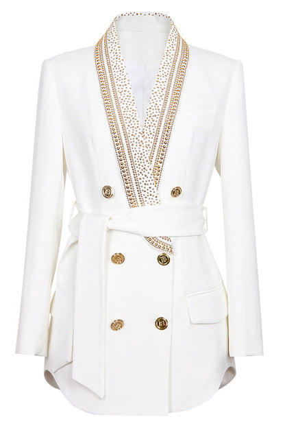 Blazer bianco - Doppiopetto - Dettagli dorati - Blazer con cintura - Abbigliamento donna-Bianco-S-Modasso